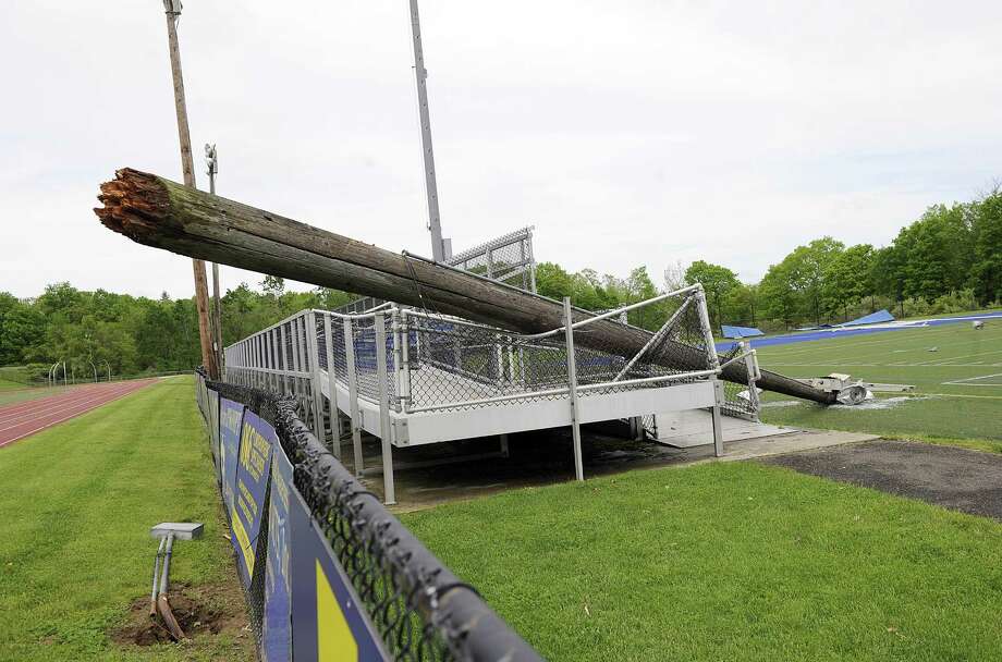 The athletic complex at Brookfield High School took a major hit in the storm that blew through on Tuesday. Included in the damage is smashed light poles and fixtures. Photo Thursday, May 17, 2018. Photo: Carol Kaliff / Hearst Connecticut Media / The News-Times