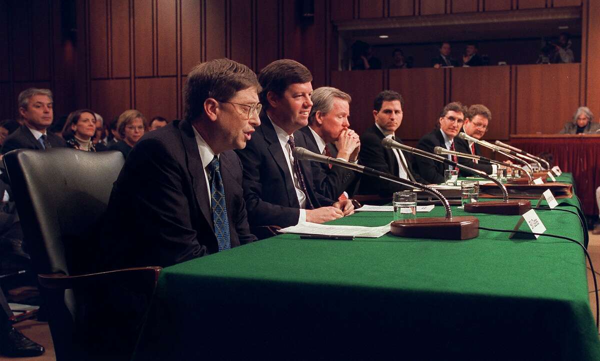 Microsoft President Bill Gates, left, and other software industry executives testify on Capitol Hill, Tuesday, March 3, 1998, before the Senate Judiciary Committee hearing on anticompetitive issues and technology. From second from left, are: Sun Microsystems President Scott McNealy, Netscape Communications President Jim Barksdale, Dell Computer Corp. Chairman Michael Dell, Great Plains Software Chairman Doug Burgum, and New Enterprise Associates Venture Partner Stewart Alsop.