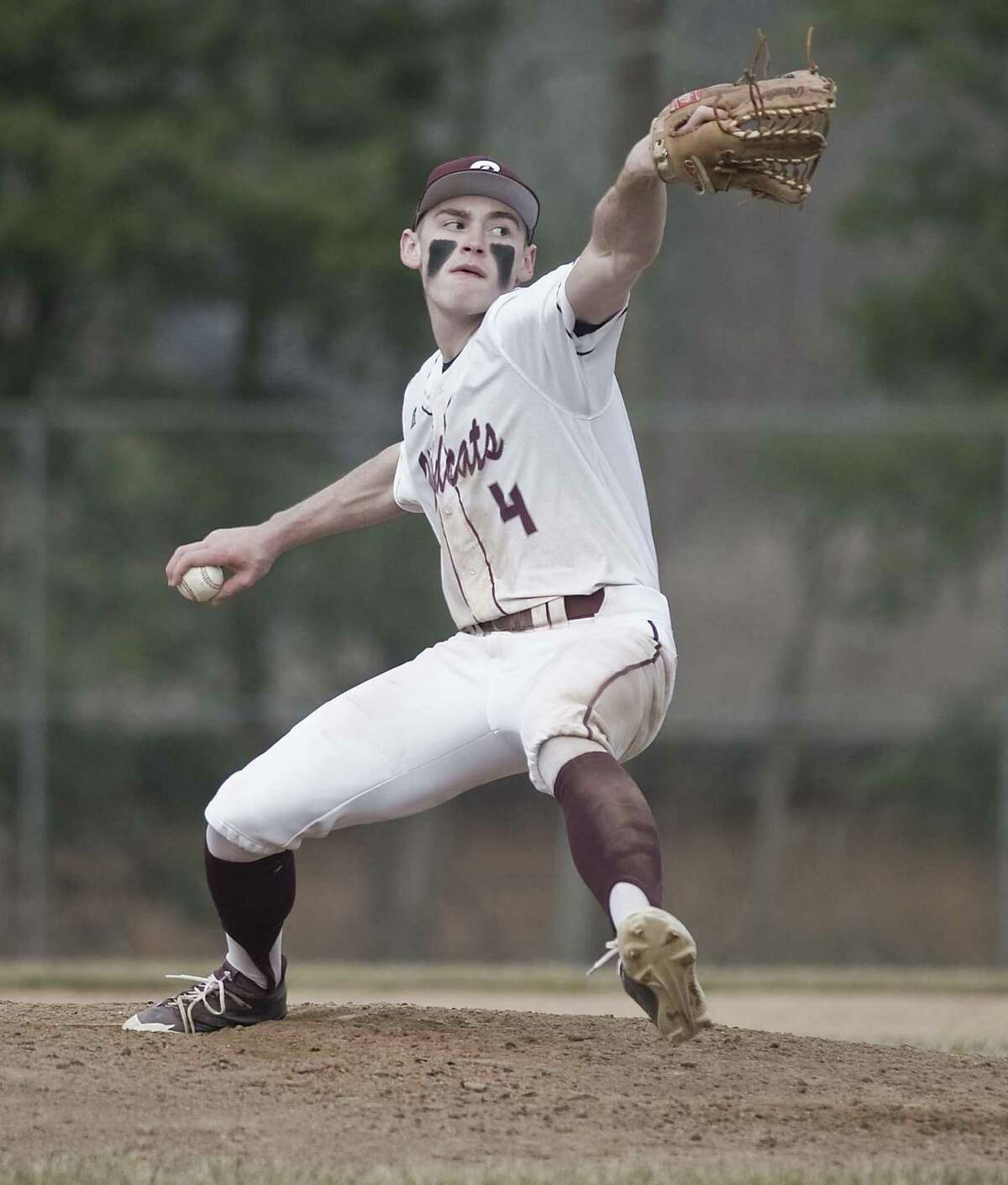 Bethel High School pitcher Tyler Davis follows through in a game against Newtown High School, played at Bethel. Monday, April 9, 2018