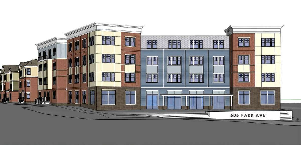 A rendering of the Windward Apartments proposed for the corner of Park and Railroad avenues in Bridgeport, at the former Marina Village site.