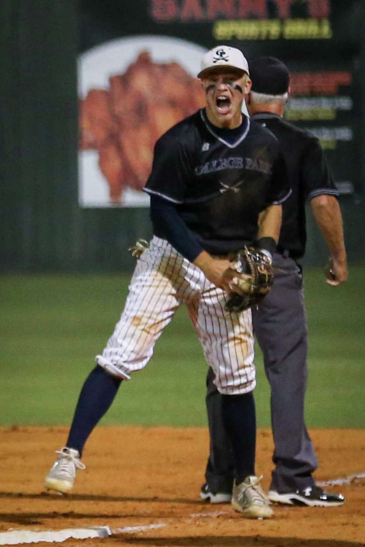 College Park's Michael Loggins (17) celebrates after getting the final out of the baseball game against Oak Ridge on Friday, May 18, 2018, at Oak Ridge High School. (Michael Minasi / Houston Chronicle)