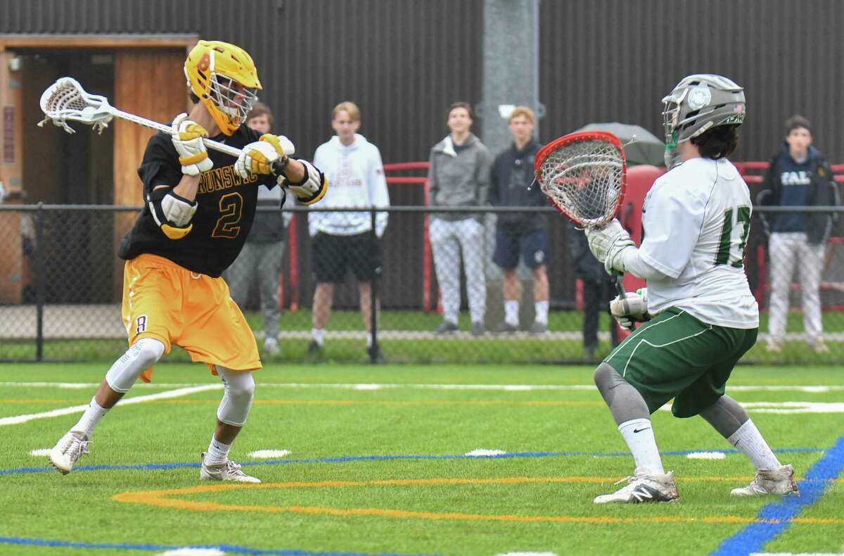 Xander Dickson (2) of the Brunswick Bruins scores from close range during a game against the Berkshire Bears at the Brunswick School School on Saturday May 19, 2018, in Greenwich, Connecticut.