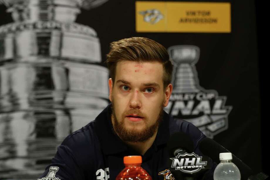 PITTSBURGH, PA - MAY 28:  Viktor Arvidsson #38 of the Nashville Predators answers questions during Media Day for the 2017 NHL Stanley Cup Final at PPG PAINTS Arena on May 28, 2017 in Pittsburgh, Pennsylvania.  (Photo by Bruce Bennett/Getty Images) ORG XMIT: 700056218 Photo: Bruce Bennett / 2017 Getty Images