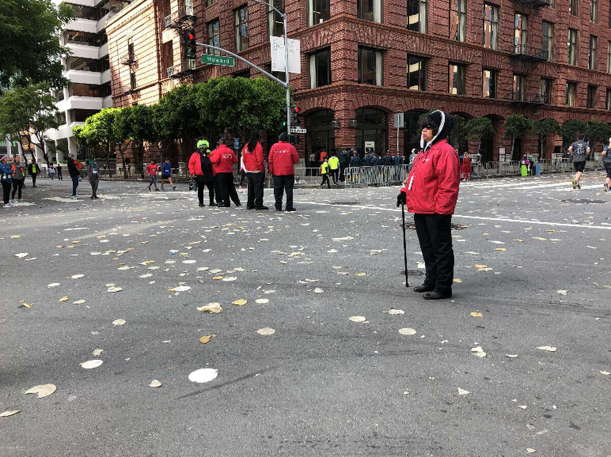 The aftermath of tortillas on the street during San Francisco's Bay to Breakers festival on May 20, 2018.