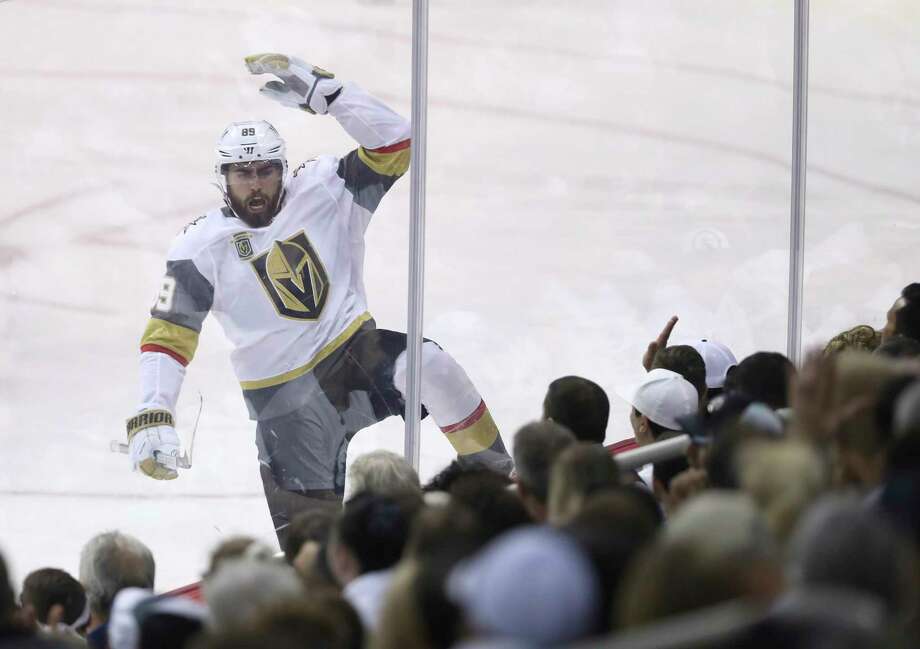 Vegas Golden Knights' Alex Tuch (89) celebrates after scoring during first period NHL Western Conference Finals game 5 hockey action against the Winnipeg Jets, in Winnipeg, Sunday, May 20, 2018. (Trevor Hagan/The Canadian Press via AP) Photo: Trevor Hagan / CP