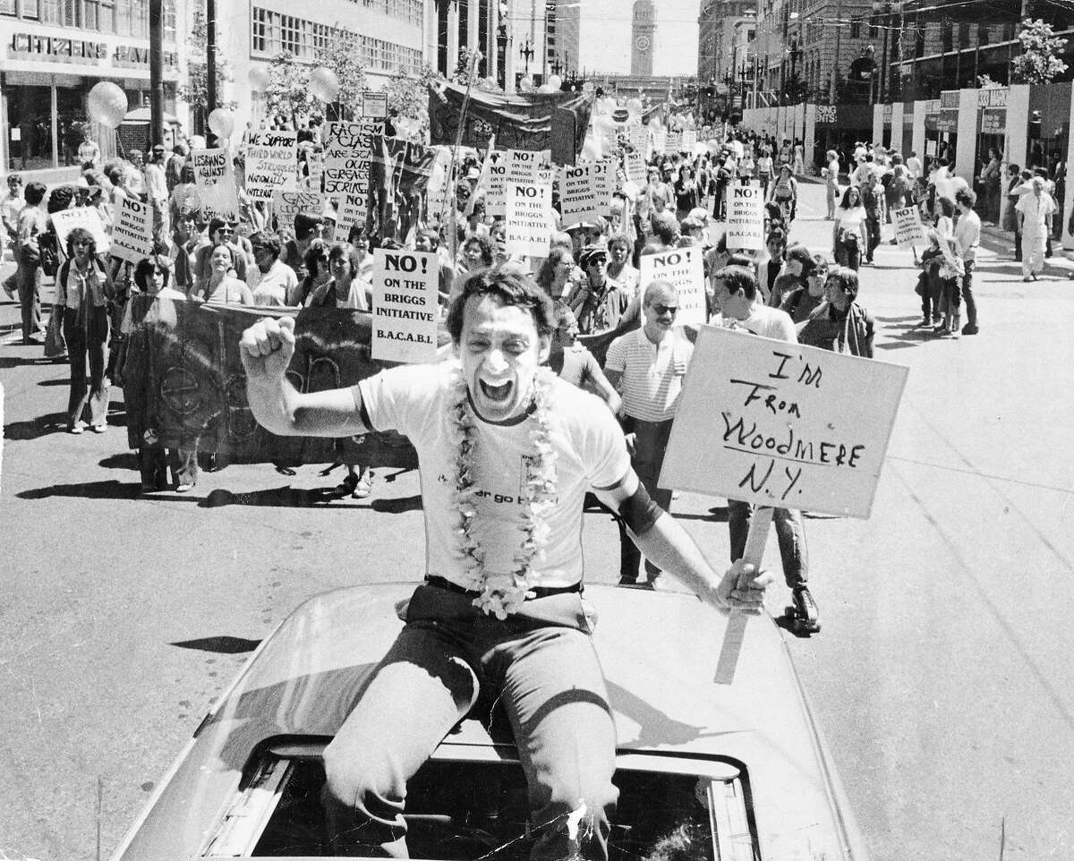 Harvey Milk's Pride Parade outfit The iconic Chronicle photo of San Francisco supervisor Harvey Milk at the front of the 1978 Gay Freedom Day Parade, got new life as one of the promotional images for the 2008 "Milk" biopic. That day, Milk wore a white shirt with the words "I'll never go back" on the front and a flower lei. Milk died later that year.
