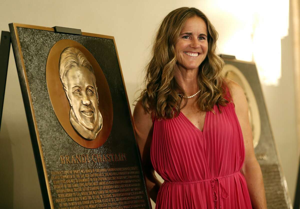 2018 Bay Area Sports Hall of Hame inductee Brandi Chastain poses by her plaque during press conference at Westin St. Francis in San Francisco, CA on Monday, May 21, 2018.
