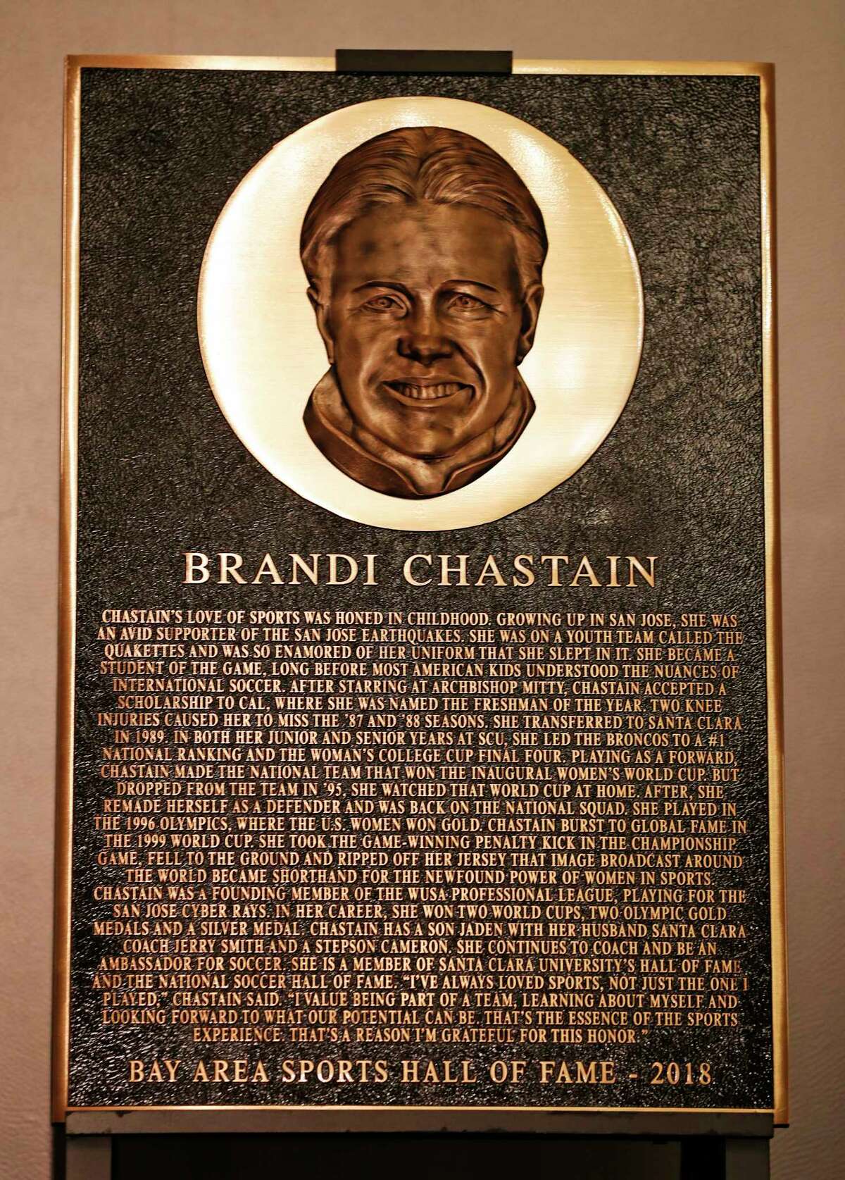 2018 Bay Area Sports Hall of Hame inductee Brandi Chastain's plaque during press conference at Westin St. Francis in San Francisco, CA on Monday, May 21, 2018. Keep clicking to see all the ways the plaque was mocked on social media.