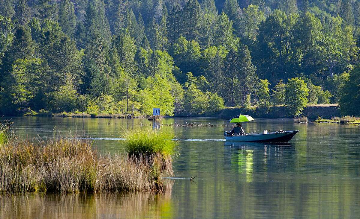 A fisherman trolls for rainbow trout on a spring day on the upper end of Lewiston Lake in Trinity County, near-full as with many lakes in the north state for Memorial Day Weekend