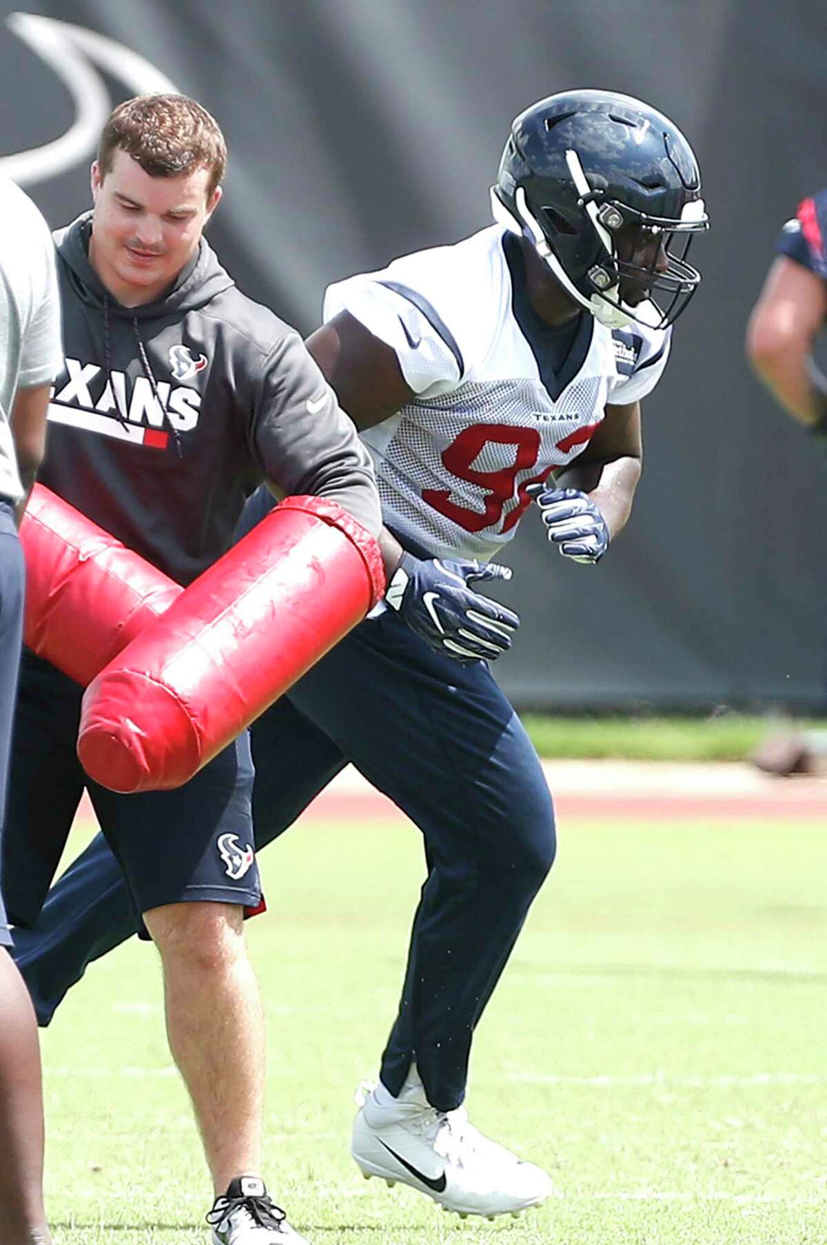 Houston Texans nose tackle Brandon Dunn (92) runs a drill during Organized Team Activities at The Methodist Training Center on Tuesday, May 22, 2018, in Houston.
