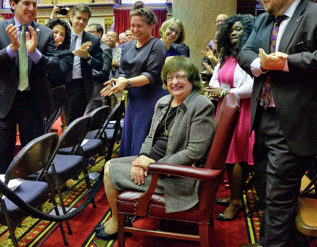 Barbara Underwood, center, receives applause after being appointed attorney general to fill remainder of Eric Schneiderman's term during a joint legislative session at the Capitol Tuesday May 22, 2018 in Albany, NY. (John Carl D'Annibale/Times Union)