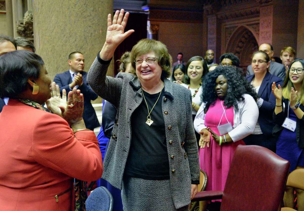 Barbara Underwood, center, acknowledges applause after being appointed attorney general to fill remainder of Eric Schneiderman's term during a joint legislative session at the Capitol Tuesday May 22, 2018 in Albany, NY. (John Carl D'Annibale/Times Union)