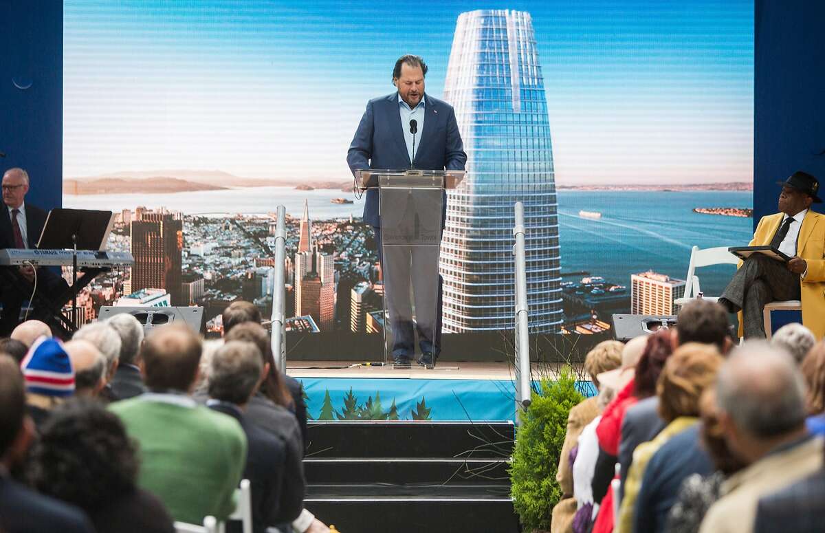 Salesforce CEO Marc Benioff speaks during the grand opening ceremony of the Salesforce Tower in San Francisco, Calif. Tuesday, May 22, 2018.