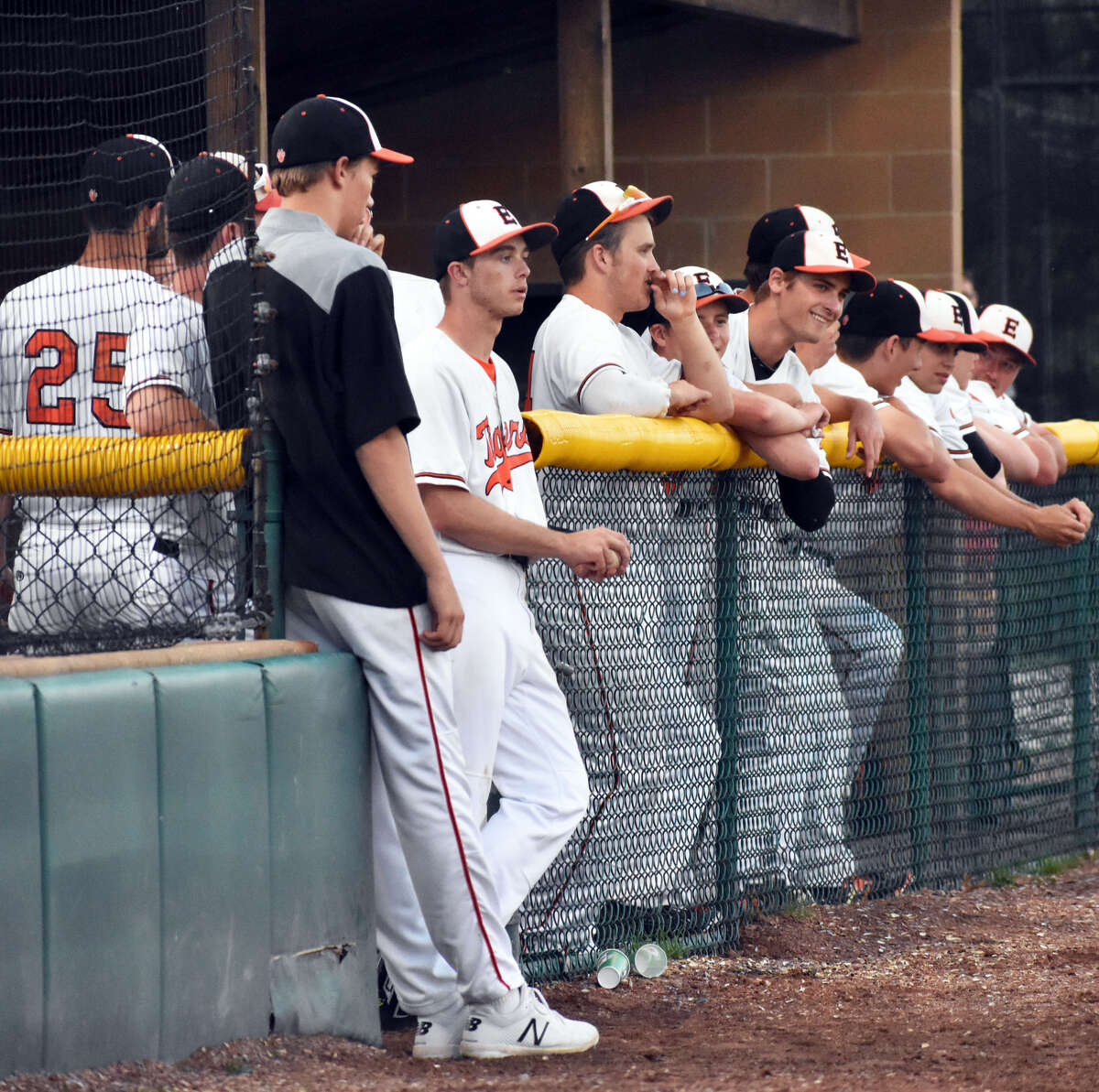 The EHS bench watches as the Tigers close out a 4-2 win over Waterloo on Monday at EHS.