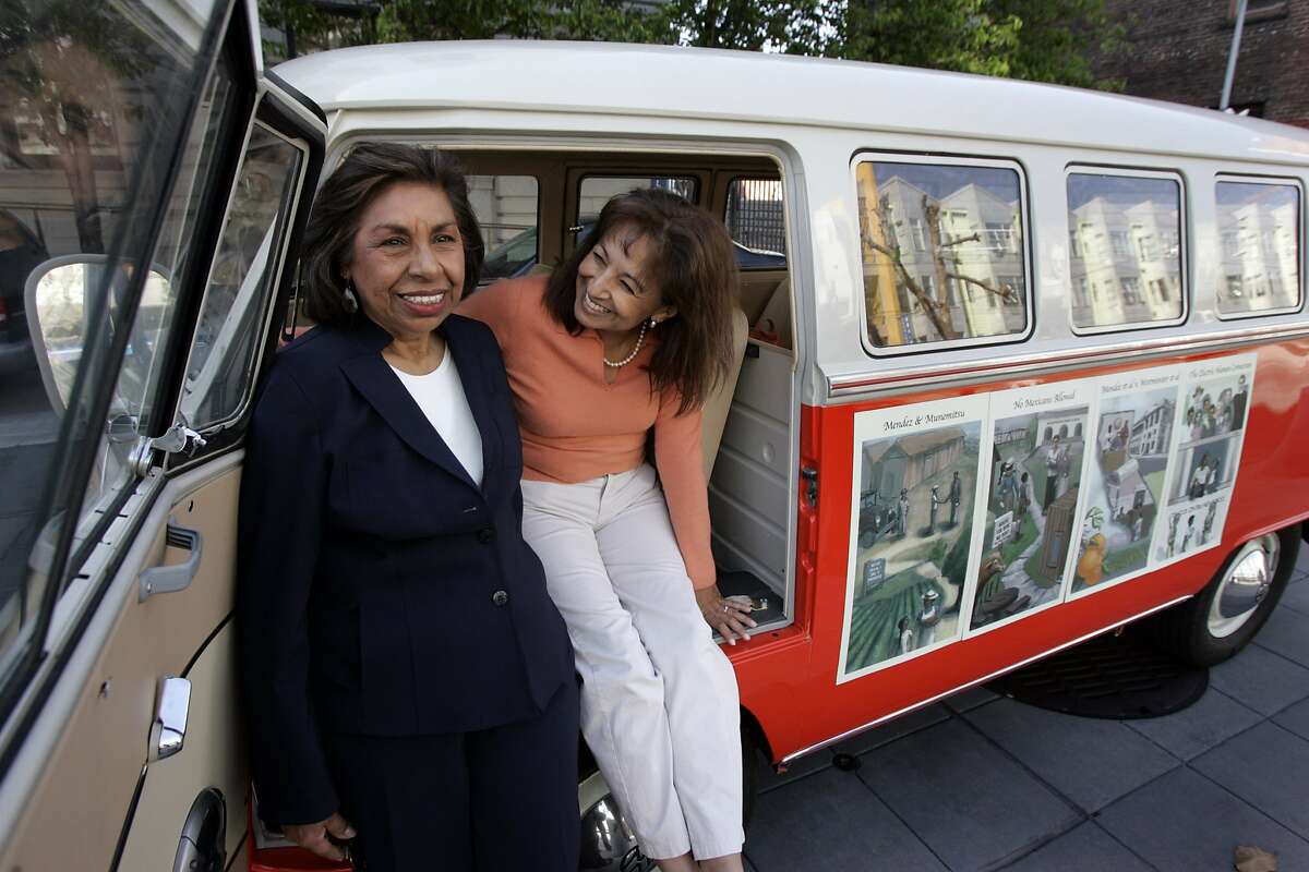 Sylvia Mendez, left, and Sandra Robbie in front of the VW Bus that Robbie is driving cross country to promote her new documentary about the court case known as Mendez v.Westminster. Sylvia Mendez's parents brought a case before the Federal Court on behalf of their children regarding segregated schools in California. Photo taken in front of the Federal Courthouse in San Francisco on May 8, 2007. Liz Mangelsdorf/ The Chronicle