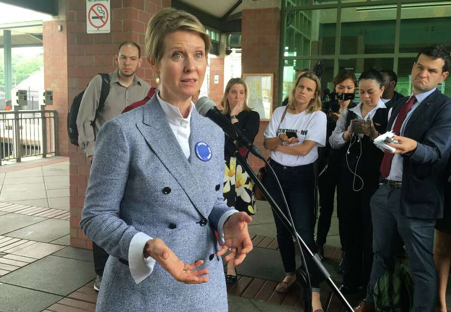 Democratic gubernatorial hopeful Cynthia Nixon speaks during a press conference at the Hempstead train station prior to the state Democratic convention on Wednesday, May 23, 2018, in Hempstead, N.Y. Photo: Times Union