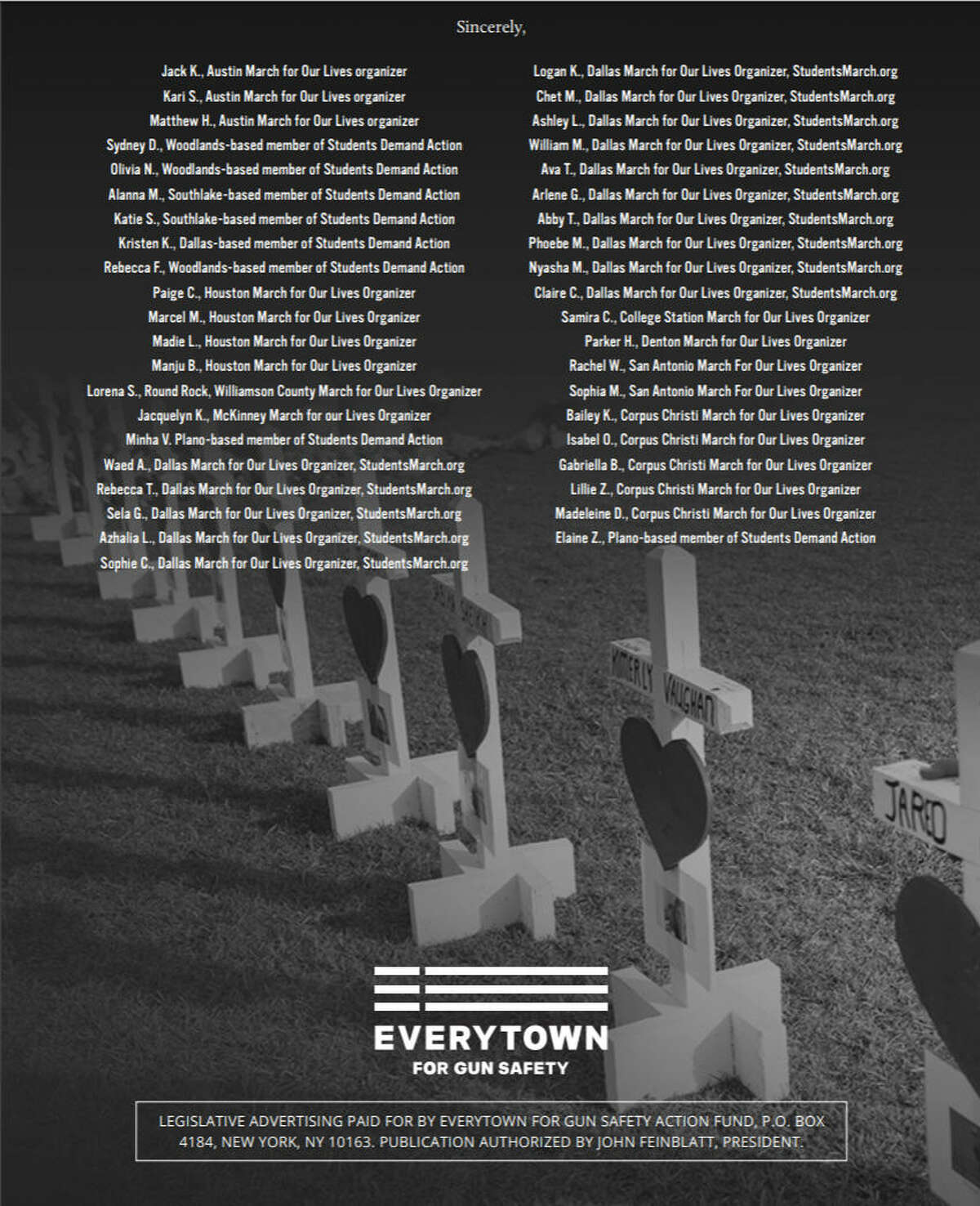 Everytown for Gun Safety released a full-page add in the Houston Chronicle on May 22, 2018 that told Texas Gov. Gregg Abbott, "We are dying on your watch. What will you do about it?"Scroll ahead to see images from the day after the shooting at Santa Fe High School. 
