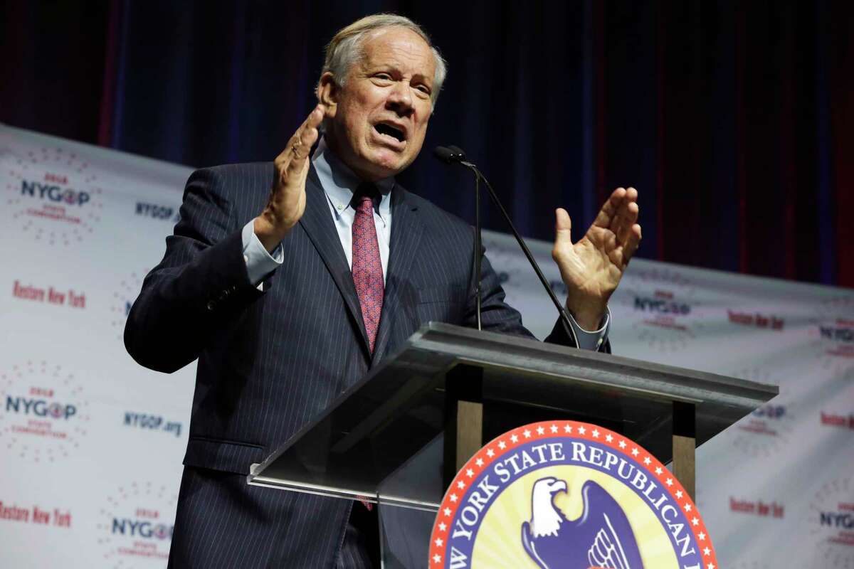 Former New York Gov. George E. Pataki delivers his remarks during the New York Republican Convention in May 2018. 