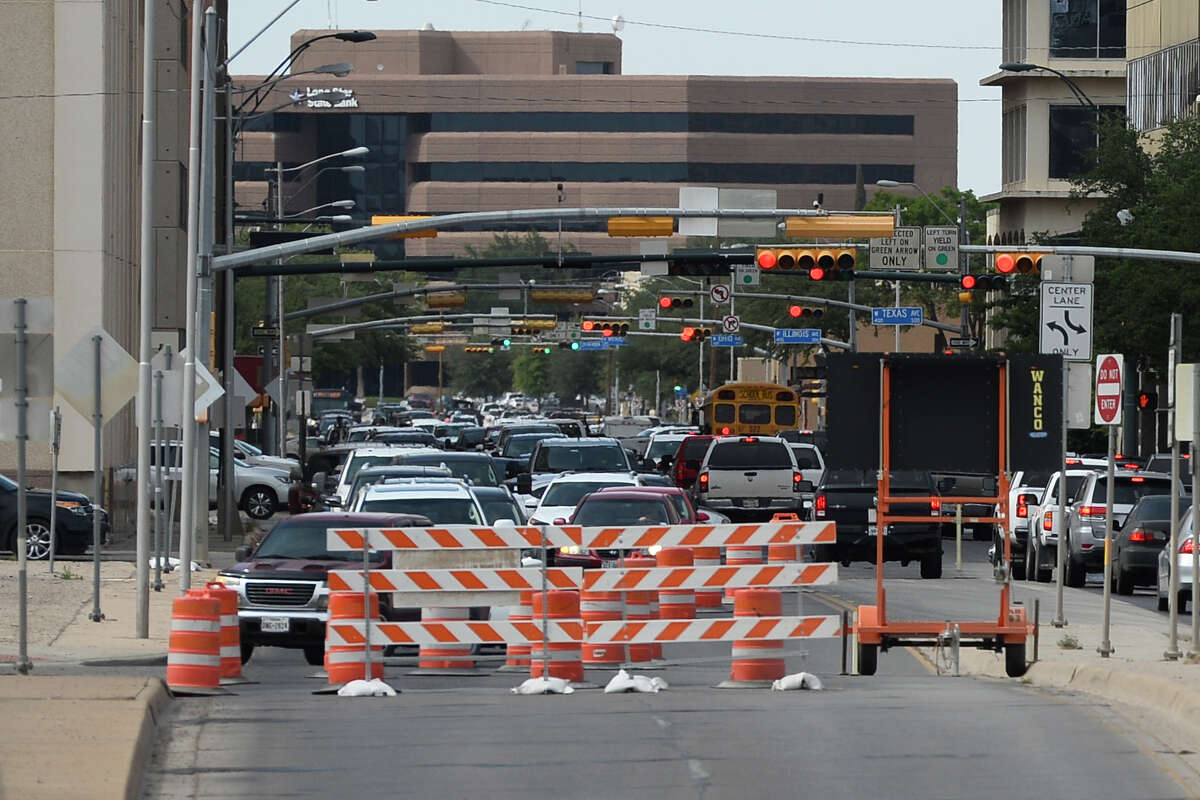 Traffic backs up near downtown Midland while the southbound lanes of Big Spring Street are closed in this Reporter-Telegram file photo from 2018. 