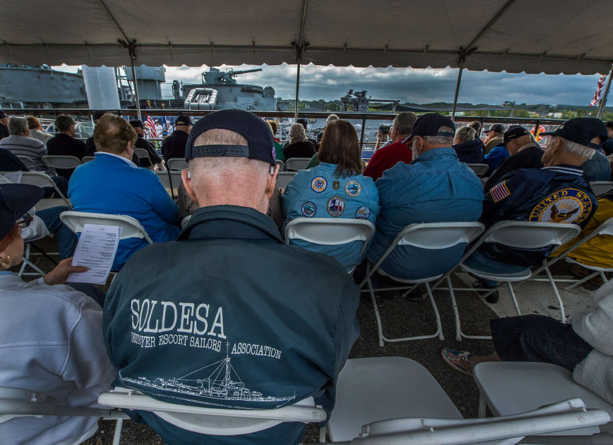 A crowd gathers for a Memorial Day service on board the USS Slater in 2017. (Skip Dickstein/Times Union archive)