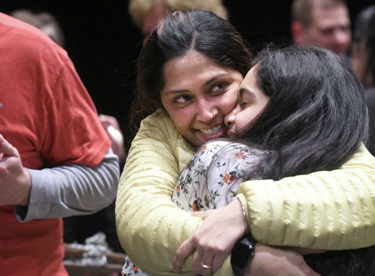 Aditi Sarcar of Niskayuna hugs her daughter Ryana Sarcar, 14, after Ryana spelled the word "plenary" to win the 36th Annual Capital Region Spelling Bee at Proctors Theatre on Tuesday, Feb. 13, 2018 in Schenectady, N.Y. Sarcar will advance to the 91st Scripps National Spelling Bee in Washington D.C. in May. (Lori Van Buren/Times Union)