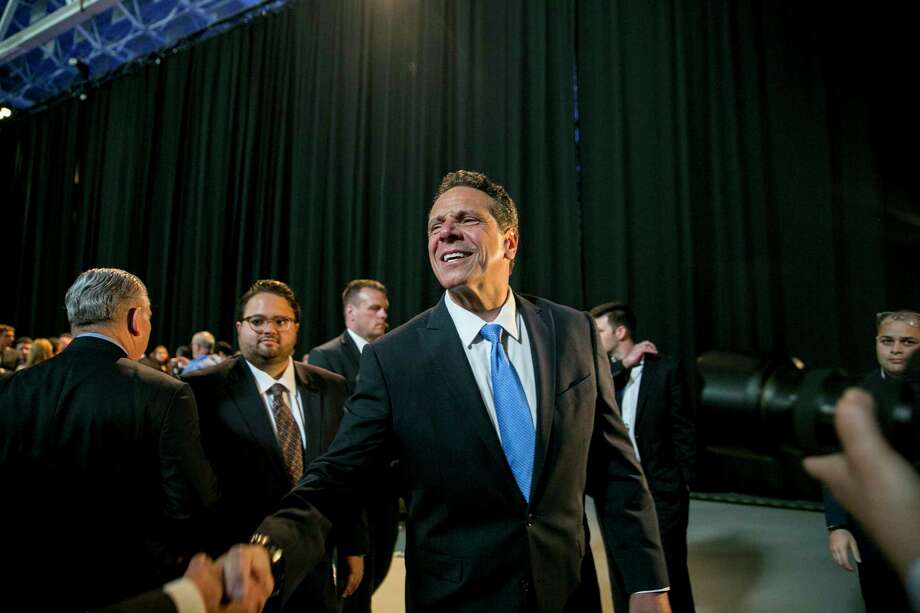 Gov. Andrew Cuomo speaks to reporters after receiving the endorsement of Hillary Clinton at the New York State Democratic Convention in Hempstead, N.Y., on Wednesday, May 23, 2018. With the might of incumbency and the states Democratic machine at his back, Cuomo cruised toward his formal nomination for a third term on Wednesday. (Sam Hodgson/The New York Times) Photo: SAM HODGSON / NYTNS