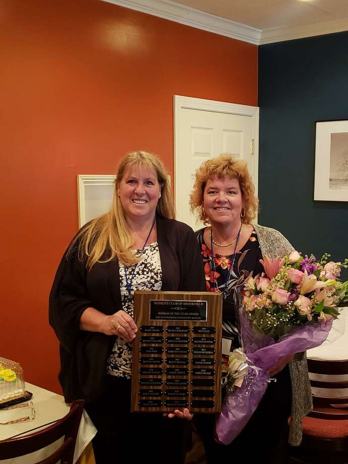 The Woman’s Club of Brookfield named Linda Frame was named the Woman of the Year. Frame, right, with Diane Flood, left, a past Woman of the Year recipient. Photo: / Contributed Photo
