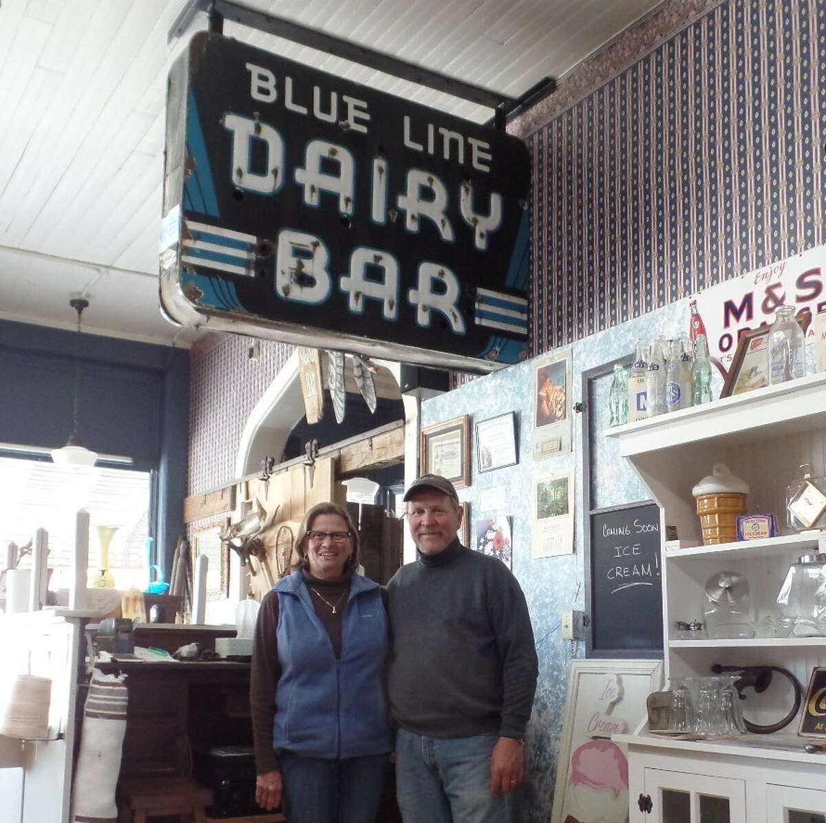 One of Cornerstone Venture’s prize displays is the “Blue Line Dairy — Dairy Bar” sign that used to hang over a malt shop on Union Street. Owners Chris and Doug Deming will soon serve ice cream treats at the antique store and museum.