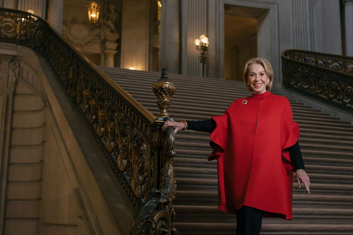 Charlotte Shultz, Chief of Protocol for the City of San Francisco, on the grand staircase of City Hall, which is named after her, on May 9th, 2018. Shultz has held the position for 55 years, through ten mayors.