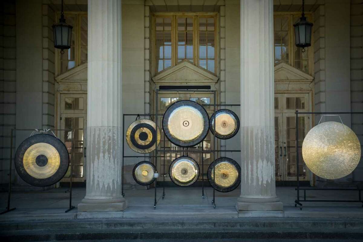 An image of the Gong Lab gongs assembled before an event at the Roosevelt II baths in Saratoga Springs.