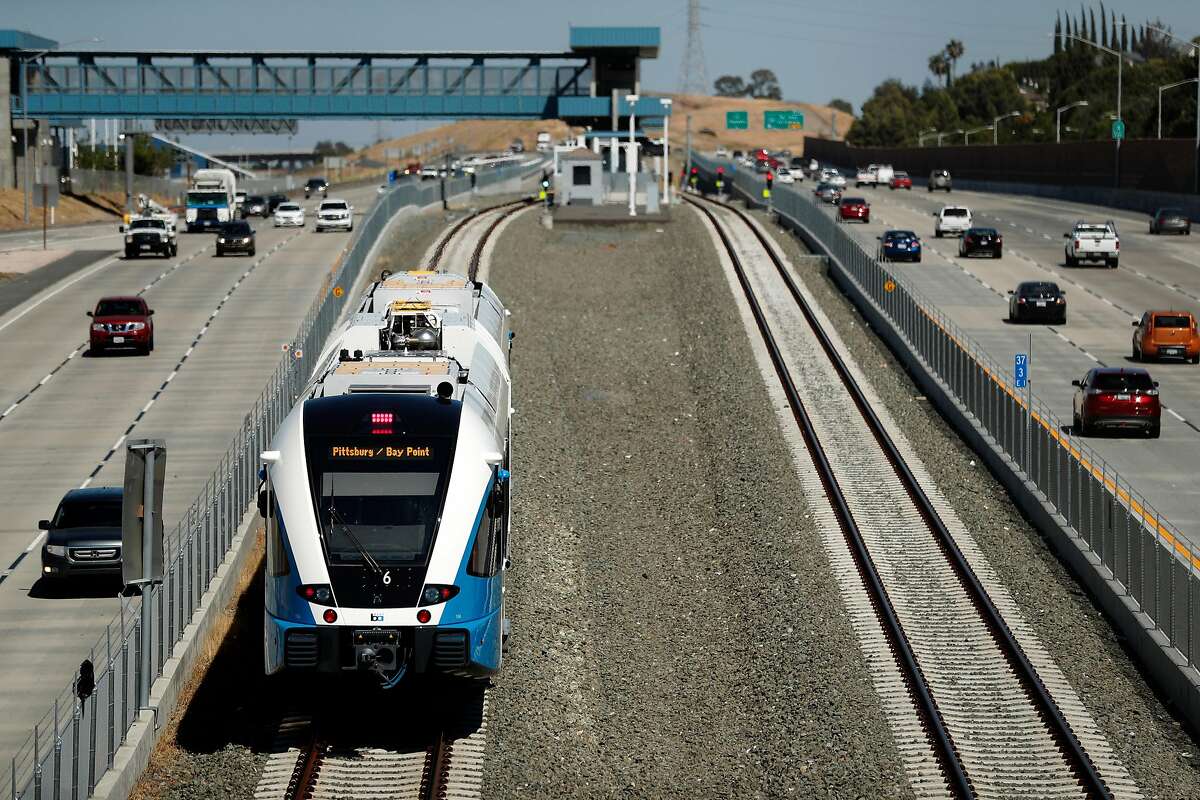 A new diesel-powered train approaches the Antioch Station during a test run of a new BART extension that runs from the Pittsburg-Bay Point station to Hillcrest Avenue in Antioch, Calif., on Wednesday, May 23, 2018. The new people moving line runs down the middle of Highway 4 for that length