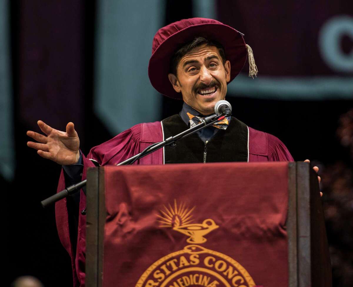 Class of '18 president Michael Giancarlo Rosco delivers an uplifting speech at the Albany Medical College graduation held at the Saratoga Performing Arts Center Thursday May 24, 2018 in Saratoga Springs, N.Y. (Skip Dickstein/Times Union)