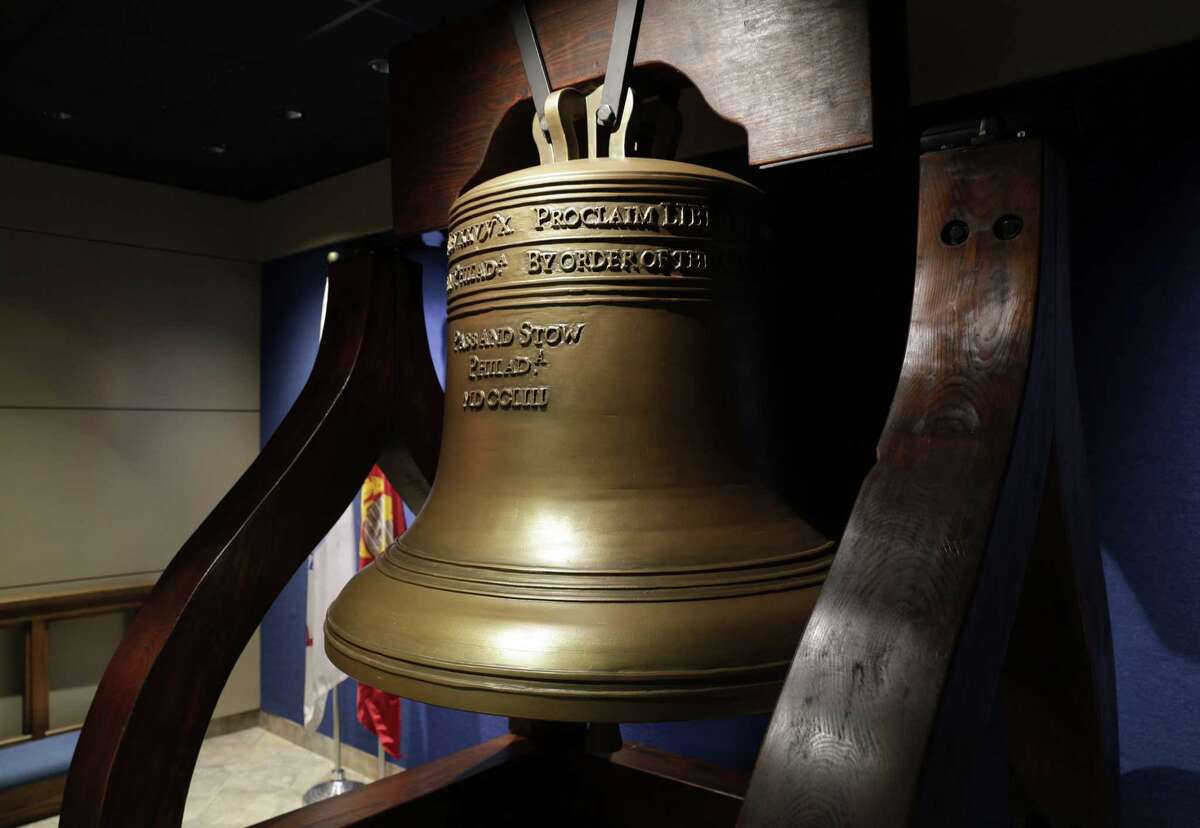 The copy of the Liberty Bell, made from plywood by retired Lt. Col. Rick Carr at the Sagemont Church Tuesday, May 22, 2018, in Houston, TX. (Michael Wyke / For the Chronicle)