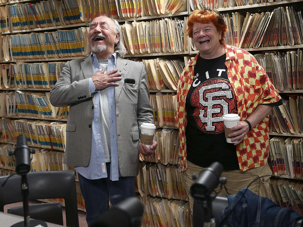 Comedian Will Durst (left) and his wife Debi Durst (right) with Peter Hartlaub and Heather Knight (not seen) prepare to do a podcast at the Chronicle on Monday, May 21, 2018 in San Francisco, Calif.