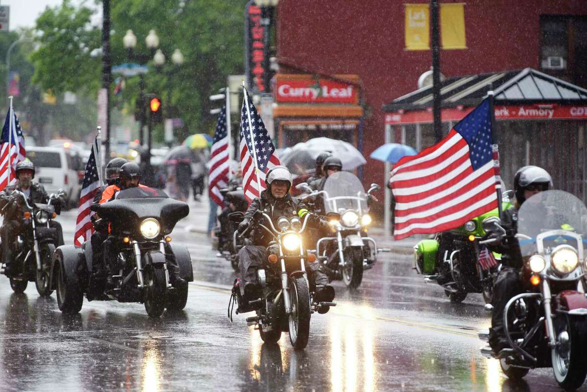 Members of the Patriot Guard Riders make their way along Central Ave. during the Albany Memorial Day Parade on Monday, May 29, 2017, in Albany, N.Y. (Paul Buckowski / Times Union)