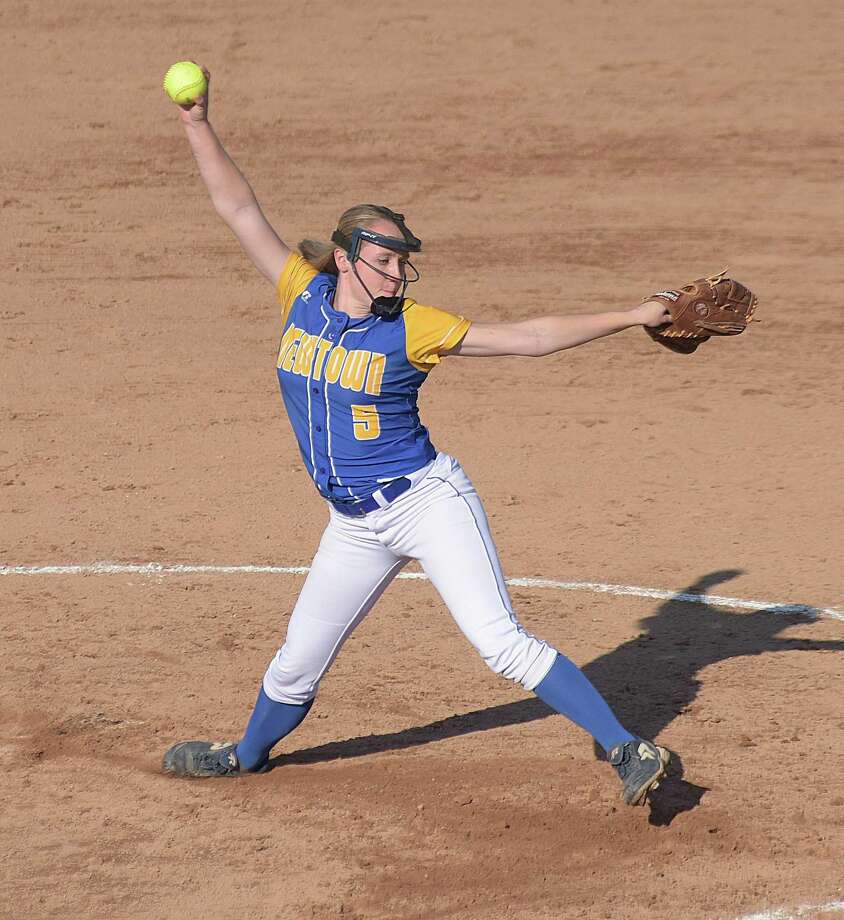 Newtown pitcher Sara Kennedy rears back and fires to the plate during Thursday's SWC softball semifinal against Joel Barlow at DeLuca Field in Stratford. Photo: John Nash/Hearst Connecticut Media
