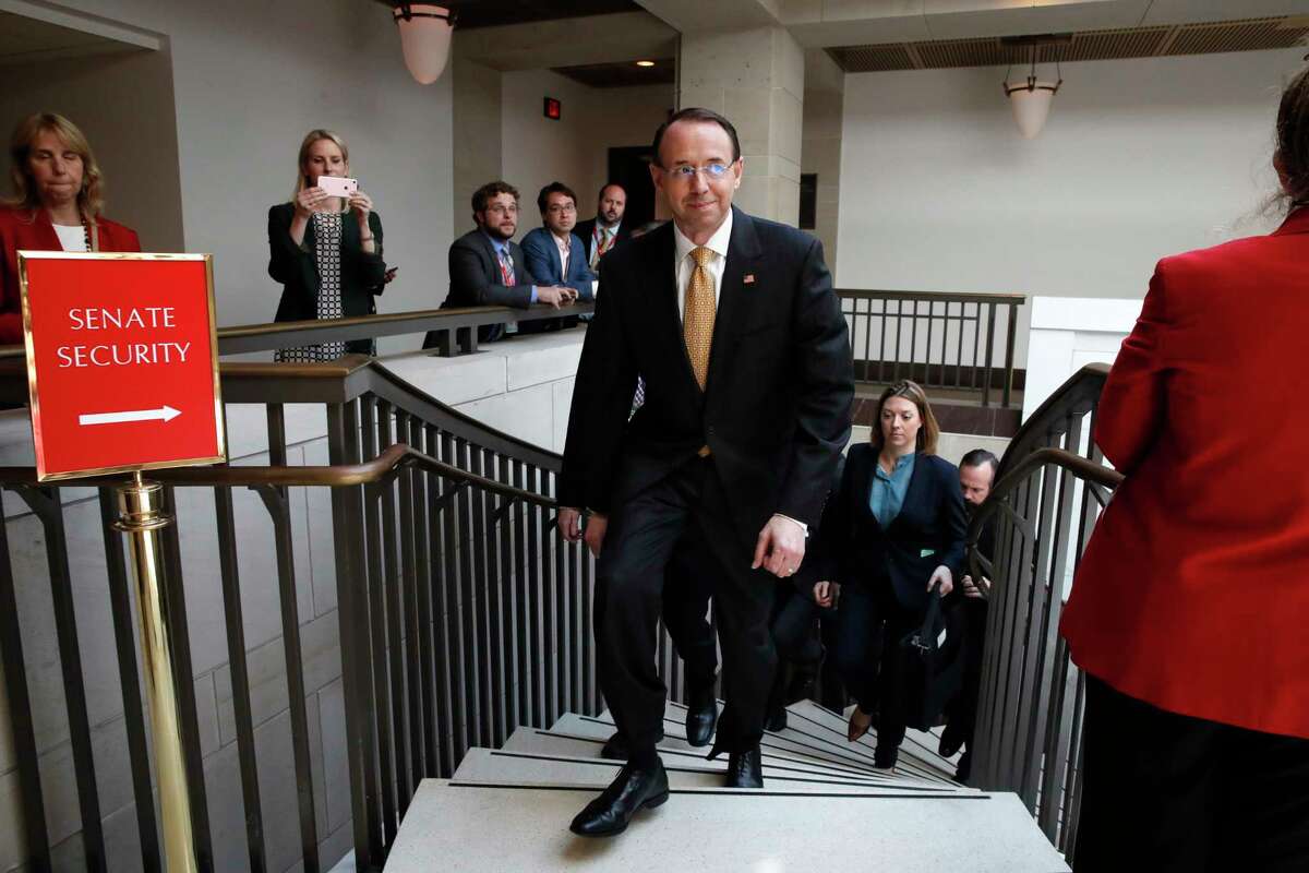 Deputy Attorney General Rod Rosenstein leaves a classified briefing about the federal investigation into President Donald Trump's 2016 campaign, on Capitol Hill in Washington, Thursday, May 24, 2018. (AP Photo/Jacquelyn Martin)
