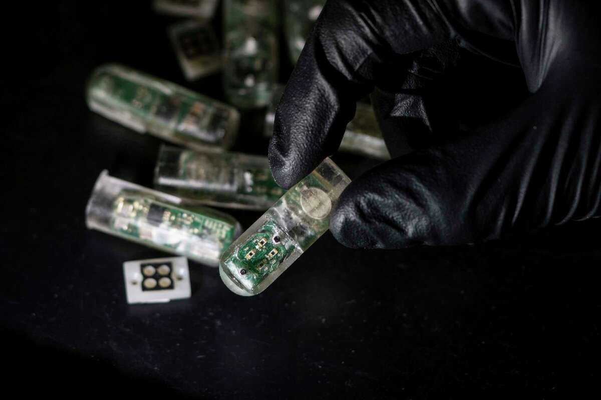 This undated photo provided by the Massachusetts Institute of Technology School of Engineering in May 2018 shows a capsule packed with electronics and genetically engineered living cells in Cambridge, Mass. Researchers at MIT, who tested the swallowable device in pigs, say it correctly detected signs of bleeding. The results, published online Thursday, May 24, 2018 by the journal Science, suggest a smaller version of the capsule could eventually be used in humans to find signs of ulcers, inflammatory bowel disease or even colorectal cancer. (Lillie Paquette/MIT School of Engineering via AP)