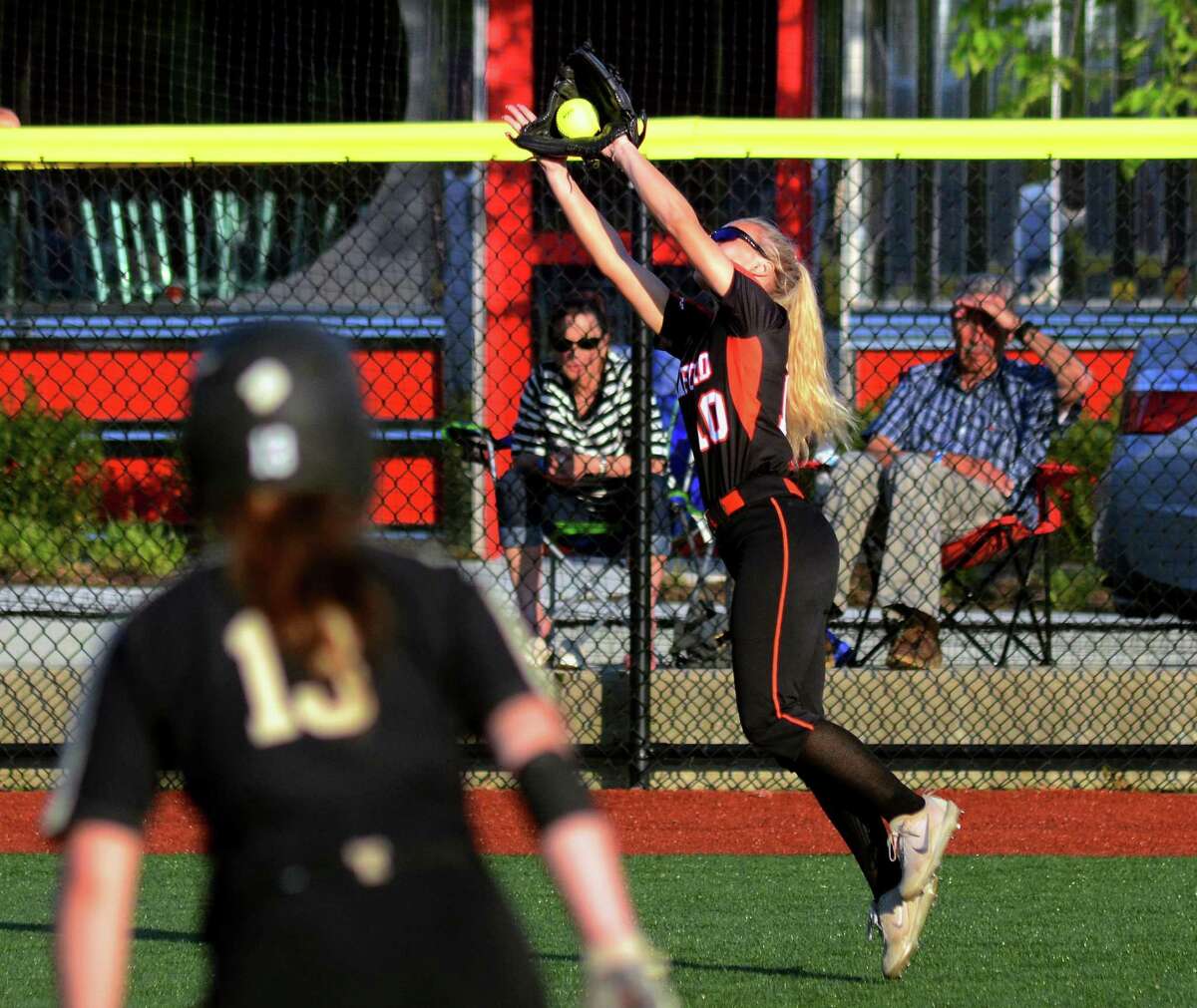 Stamford’s Brycelin Stalteri cathces a Trumbull pop-fly during the FCIAC semifinals on Thursday.