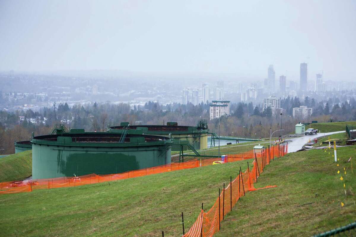 Oil tanks stand near the Kinder Morgan Trans Mountain pipeline expansion site in Burnaby, B.C.