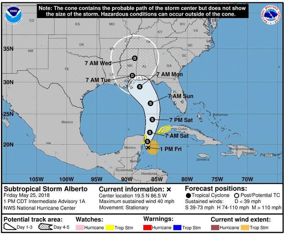 Tropical Storm Alberto's projected path, according to a five-day forecast on Friday, May 25, 2018. Photo: NOAA