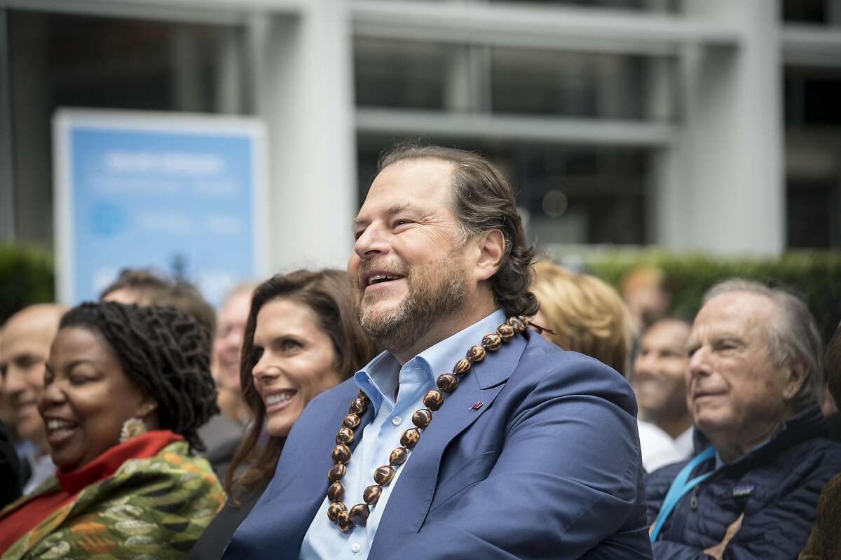 Marc Benioff, chairman and chief executive officer of Salesforce.com Inc., listens to a presentation during the grand opening ceremonies for the Salesforce Tower in San Francisco, California, U.S., on Tuesday, May 22, 2018. The building, the�tallest office tower�west of the Mississippi river, opened with a ceremony crowded with local officials on Tuesday, representing the indelible mark San Francisco's largest private employer has made on the city. Photographer: David Paul Morris/Bloomberg