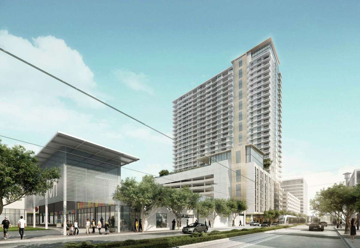A rendering of the 29-story residential tower, designed by CallisonRTKL, under construction at 3300 Main.