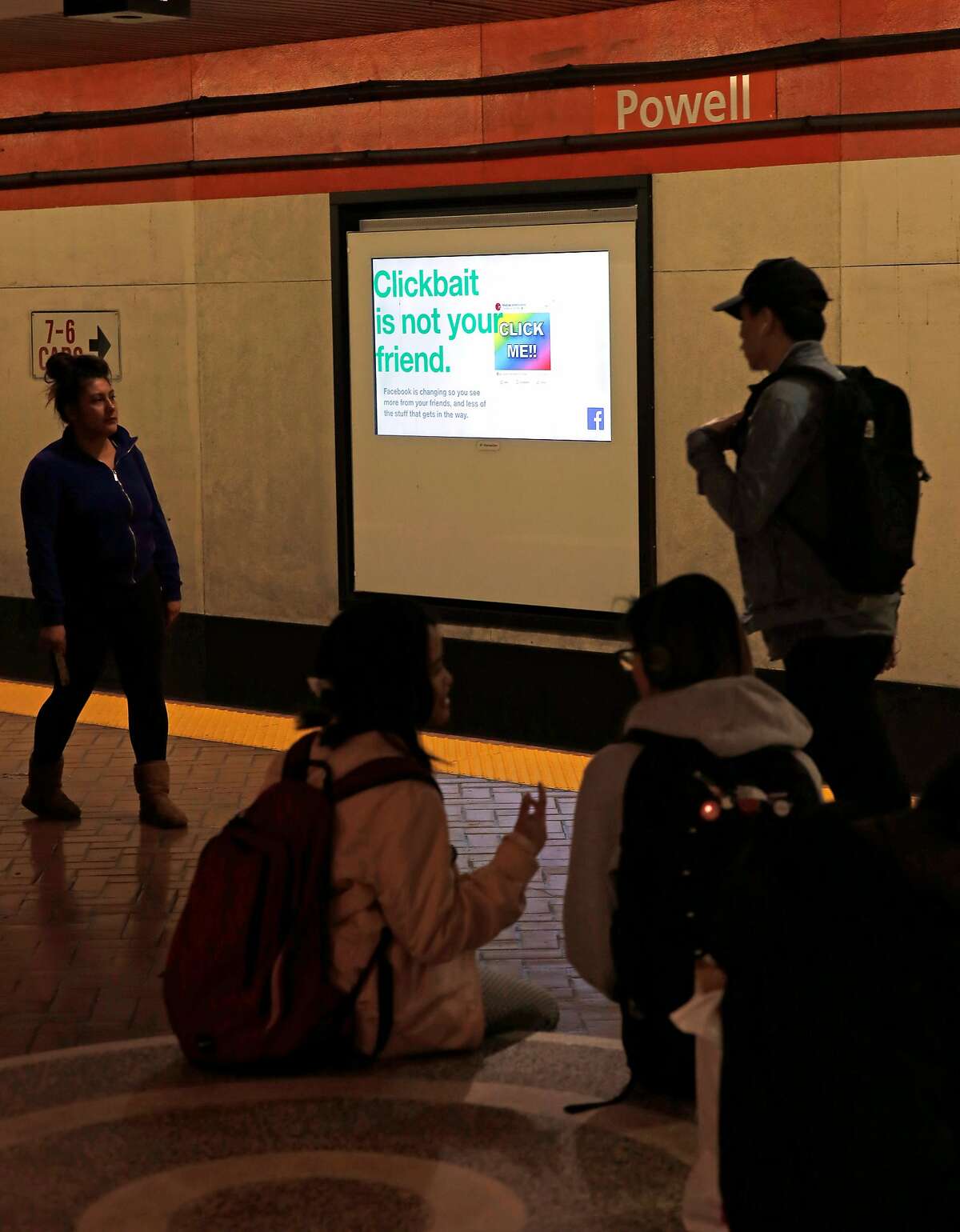 Facebook is running scrolling ads for their company on the train platform video screens at the Powell street BART station in San Francisco, Ca., as seen on Thurs. May 24, 2018.