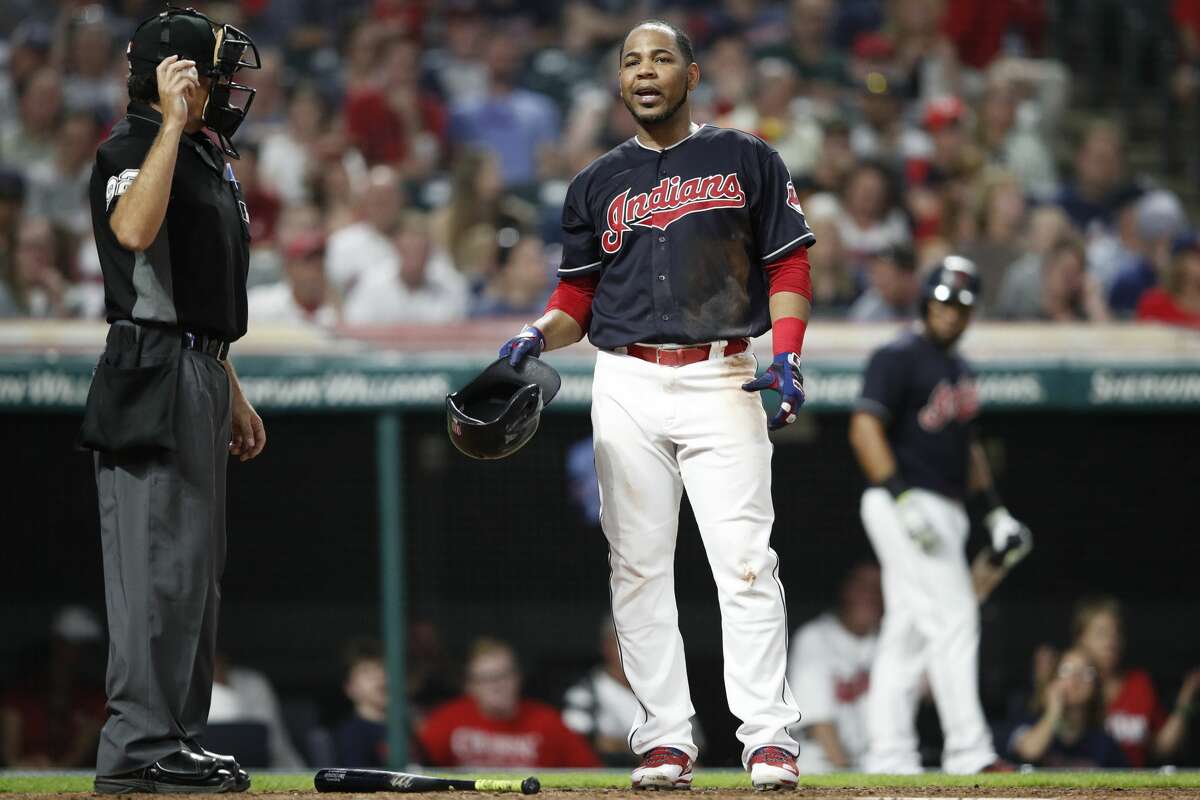 CLEVELAND, OH - MAY 25: Edwin Encarnacion #10 of the Cleveland Indians reacts after striking out to end the seventh inning against the Houston Astros at Progressive Field on May 25, 2018 in Cleveland, Ohio. (Photo by Joe Robbins/Getty Images)