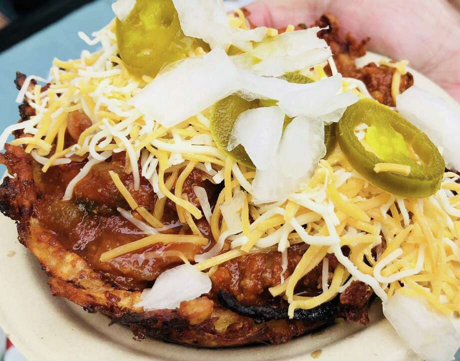 a bowl of hash brown chili from jds chili parlor.
