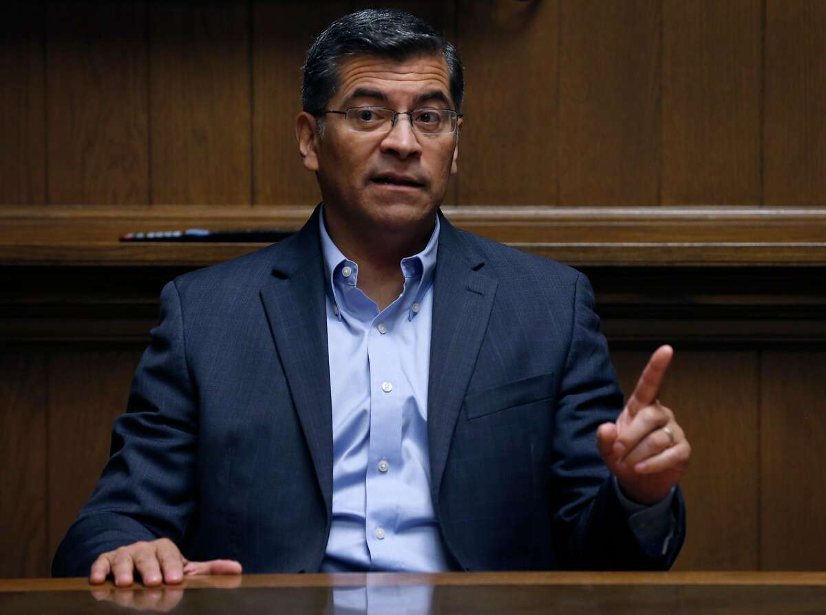 California Attorney General Xavier Becerra, shown here in a meeting with the Chronicle Editorial Board in San Francisco, Calif. on Wednesday, April 25, 2018, is being sued by the First Amendment Coalition for his office's failure to release internal police records.