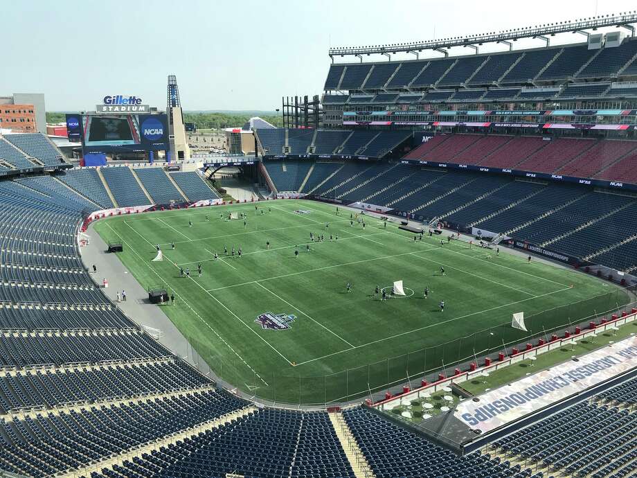 The UAlbany men's lacrosse team practices at Gillette Stadium in Foxborough, Mass., on Friday, May 25, 2018. Photo: Mark Singelais / Times Union