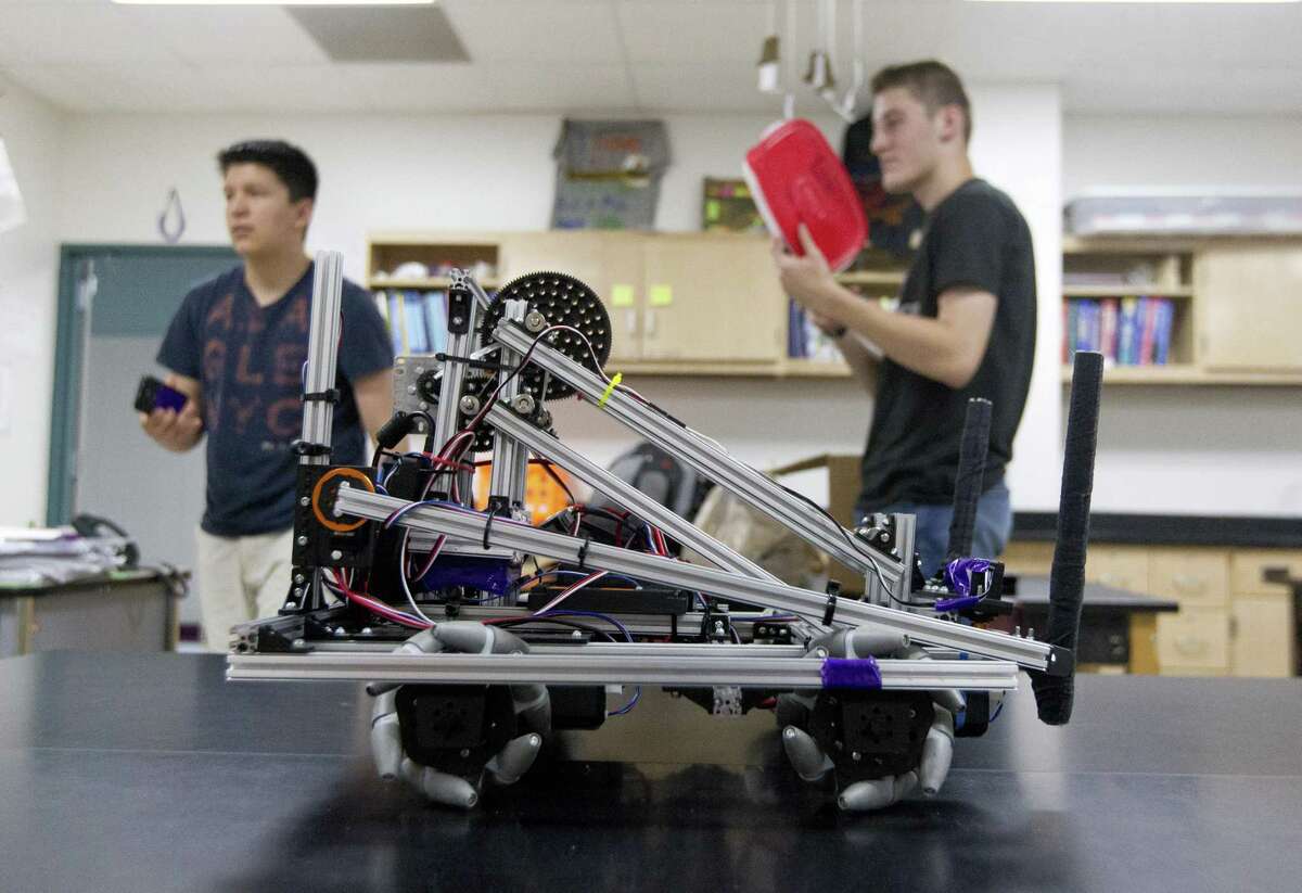 Willis Robotiks member’s demonstrates the team’s robot during class on Wednesday, May 23, 2018, in Willis. The team competed in the UIL State Robotics Championships on May 18 and finished 10th overall.
