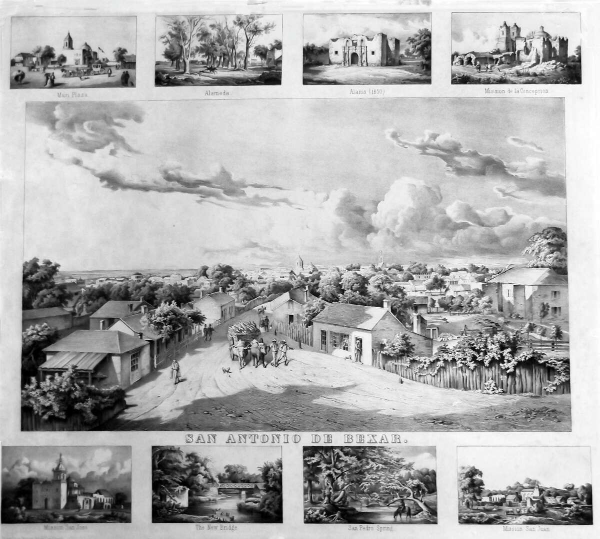 This black-and-white lithograph made in 1867 is a print of original color artworks of downtown San Antonio scenes painted by German-born landscape artist Hermann Lungkwitz, who moved to San Antonio in 1866.